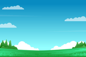 Field landscape vector illustration with green grass and blue sky suitable for background 