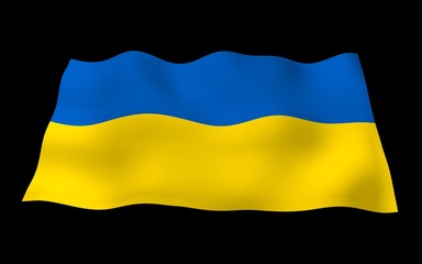 The flag of Ukraine on a dark background. National flag and state ensign. Blue and yellow bicolour. 3D illustration waving flag