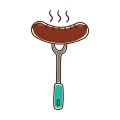 Sausage with grill fork vector illustration in colorful hand drawn style isolated on white background 