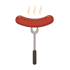 Sausage with grill fork vector illustration in cartoon style isolated on white background