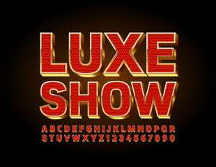 Vector chic Luxe Show poster with Gold and Red Font. 3D premium Alphabet Letters and Numbers.
