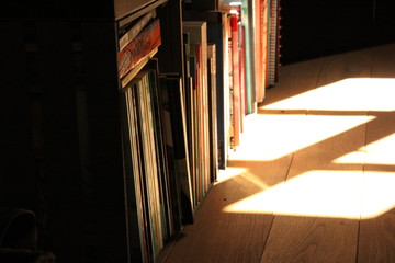 Fototapeta na wymiar Büchersammlung wird vom Sonnenlicht gestreichelt