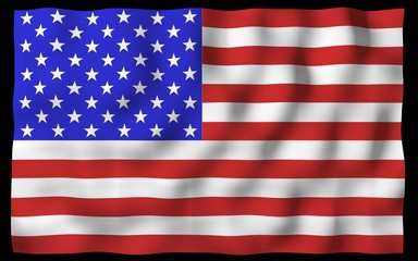 Fototapeta premium Waving flag of the United States of America on a dark background. Stars and Stripes. State symbol of the USA. 3D illustration