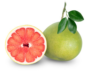 Red Pomelo citrus fruit with leaves isolated on white background. Pomelo on white with Clipping path