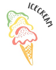 Ice Cream in a waffel cone drawing hand painted with ink brush