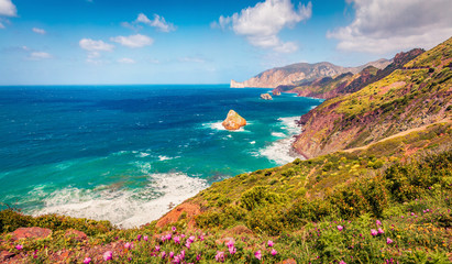 Marvelous summer view of popular tourist destination - Concali Su Terrainu. Wonderful morning scene of Sardinia island, Italy, Europe. Sunny seascape of Mediterranean sea.