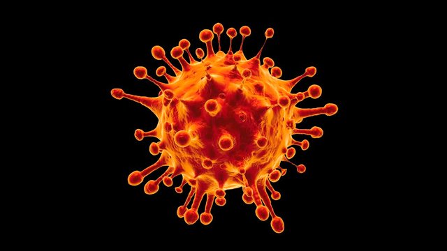 Coronavirus disease COVID-19 outbreak. Microscopic view of a infectious virus Sars-CoV-2 isolated on black background. Endless loop 3D animation