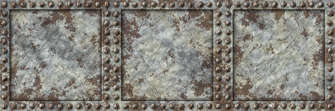 Old steampunk metal panel with rivets.Rusted metal with scratches texture.