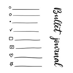 Hand drawn doodle set for Bullet journal vector illustration. Lettering and elements for notebook, diary, planner. Notes, wish, to do and bucket list. Check boxes with lines.