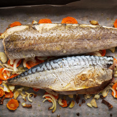 Fish with vegetables baked in an oven. Healthy diet with a source of calcium, protein and omega 3.