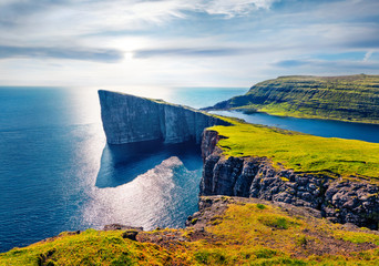 Aerial morning scene of Sorvagsvatn lake, Vagar, Faroe Islands, Denmark, Europe. Gorgeous summer...