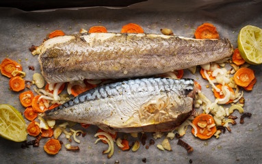 Fish with vegetables baked in an oven. Healthy diet with a source of calcium, protein and omega 3.