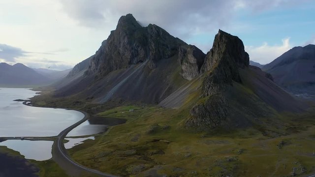 Flying from the Eystrahorn Mountains and above the Ring Road in Iceland