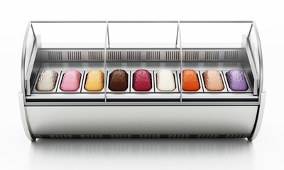 Obraz premium Ice cream refrigerator isolated on white background. 3D illustration