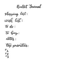 Hand drawn doodle set for Bullet journal vector illustration. Lettering and elements for notebook, diary, planner. Notes, wish, to do and bucket list. Check boxes with lines.