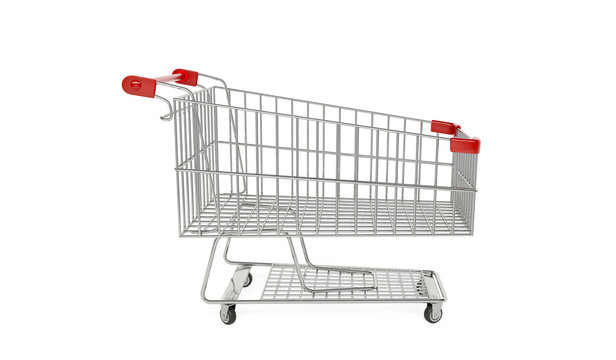 Shopping cart isolated on white background. Shopping supermarket cart. Trolley 3d for shopping. Shop basket. 3D illustration