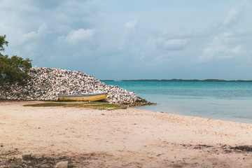 big shells and a boat on a caribbean beach, Bonaire Caribbean