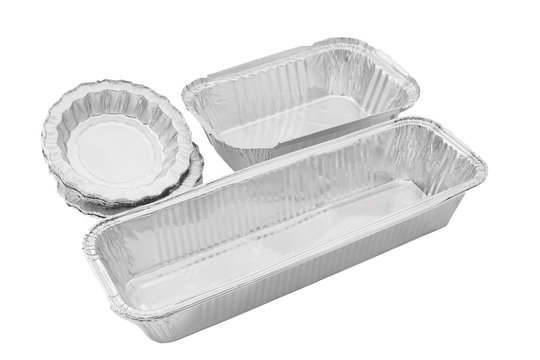 Disposable aluminum foil bbq container dish cooking trays isolated on white background