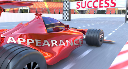 Fototapeta premium Appearance and success - pictured as word Appearance and a f1 car, to symbolize that Appearance can help achieving success and prosperity in life and business, 3d illustration