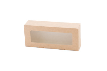 Craft paper disposable box with window. Disposable biodegradable takeaway kraft paper fast food container isolated on white background