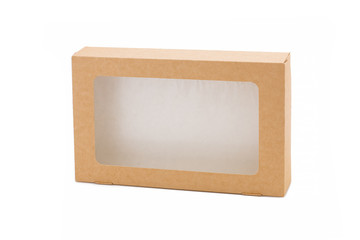 Craft paper disposable box with window. Disposable biodegradable takeaway kraft paper fast food container isolated on white background