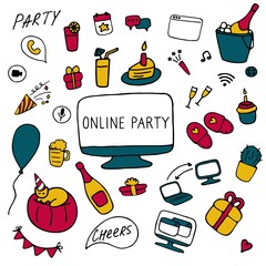 Online party icon set. Doodle celebration signs. Hand drawn flat vector illustration