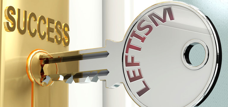 Leftism and success - pictured as word Leftism on a key, to symbolize that Leftism helps achieving success and prosperity in life and business, 3d illustration