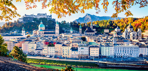 Panoramic cityscape of Salzburg, Old City, birthplace of famed composer Mozart. Colorful autumn...