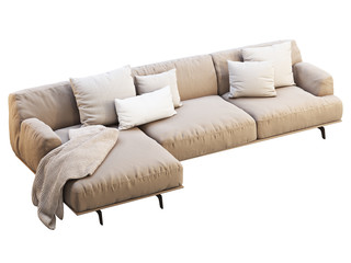 Modern beige chaise lounge fabric sofa with pillows and knitted blanket. 3d render.