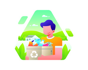 A Man Holds A Box Filled With Plastic Bottles For Recycling