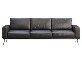 Fototapeta premium Modern black leather three-seat sofa with metal legs. 3d render.