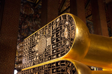Feet of reclining Buddha at Wat Pho in Bangkok, Thailand