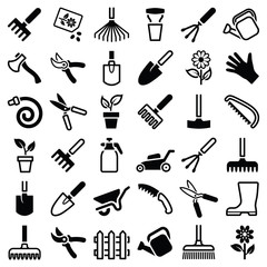 Garden tool icon collection - vector outline and silhouette illustration - 344844612