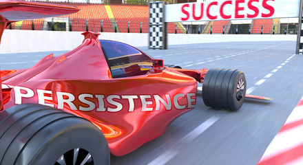 Naklejka premium Persistence and success - pictured as word Persistence and a f1 car, to symbolize that Persistence can help achieving success and prosperity in life and business, 3d illustration
