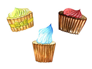 hand drawn watercolor set of three multi-colored blue yellow pink cupcakes on a white background.