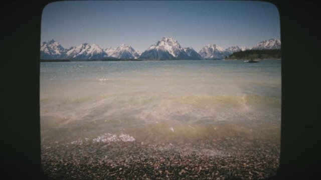 Grand Teton National Park and Jackson Lake, Wyoming, USA. VINTAGE FILM.