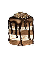 hand drawn watercolor isolated round chocolate cake with chocolate icing on a white background.