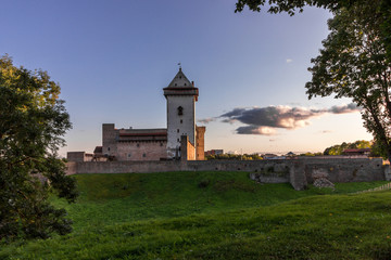Estonia, Narva. Majestic medieval castle on the banks of the river. Border control for travelers. Customs Tourism