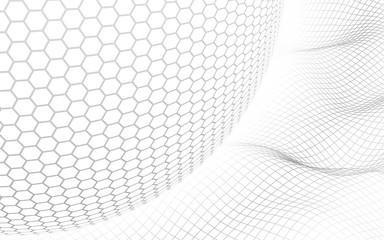 Abstract landscape on a white background with white honeycomb sphere. Cyberspace grid. hi tech network. 3d illustration