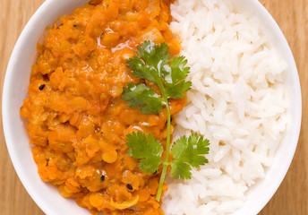 Dhal Indian lentil soup with rice closeup