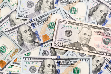 10 dollar bill on Dollar banknotes Top view of business concept on background with copy space