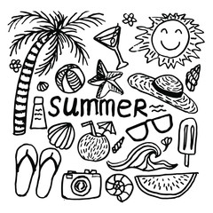 Set of vector doodle images, summer vacation illustration.