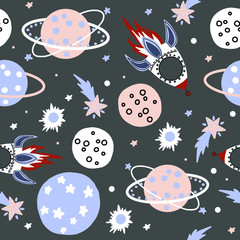 Hand drawn vector illustration. Seamless pattern. Planet, rocket on the space. Pastel color. Cute cartoon. For baby textile or wallpaper design.