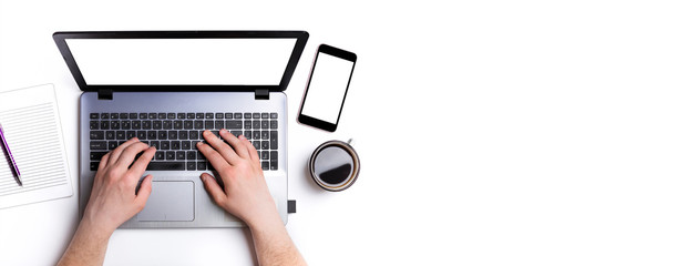 Quarantine office. Businessman working with laptop remotely network staying at home