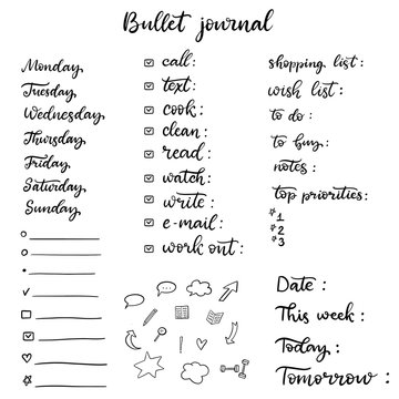 Hand Drawn Doodle Set For Bullet Journal Vector Illustration. Lettering And Elements For Notebook, Diary, Planner. Days Of Week, Notes, Wish, To Do And Bucket List. Check Boxes With Lines.