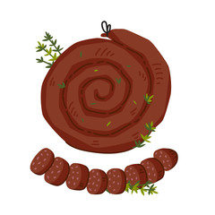 Spiral sausage. Meat delicatessen on white background. Slices of traditional snail sausage. Simple flat style vector illustration.