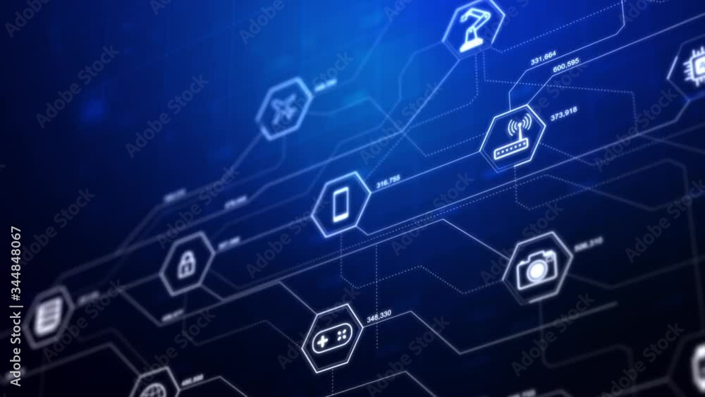 Poster internet of things icons in a hexagon shape with connection line, for cyber futuristic network and i