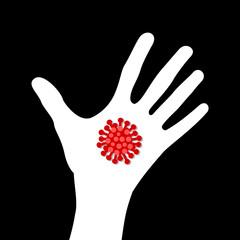 Viral infection on dirty hand of person and human. Contagion of contagious virus. Vector illustration isolated on black.	
