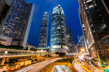 the cityscape image of the hong kong business district in the twilight moment
