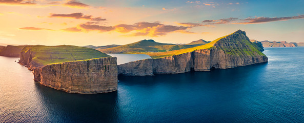 View from flying drone. Incredible evening scene of Sorvagsvatn lake, Vagar, Faroe Islands,...